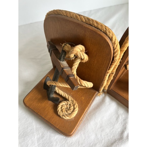 Vintage Anchor Bookends Wooden with Anchor Rope Nautical - Picture 3 of 10